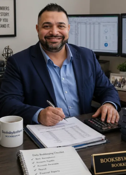 Anthony reviewing bookkeeping records